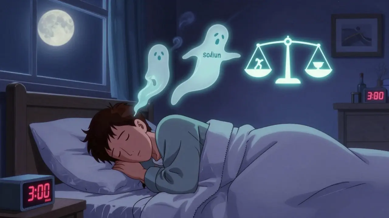 Man sleeping peacefully as stress symbols vanish, moonlight in bedroom, retro anime style