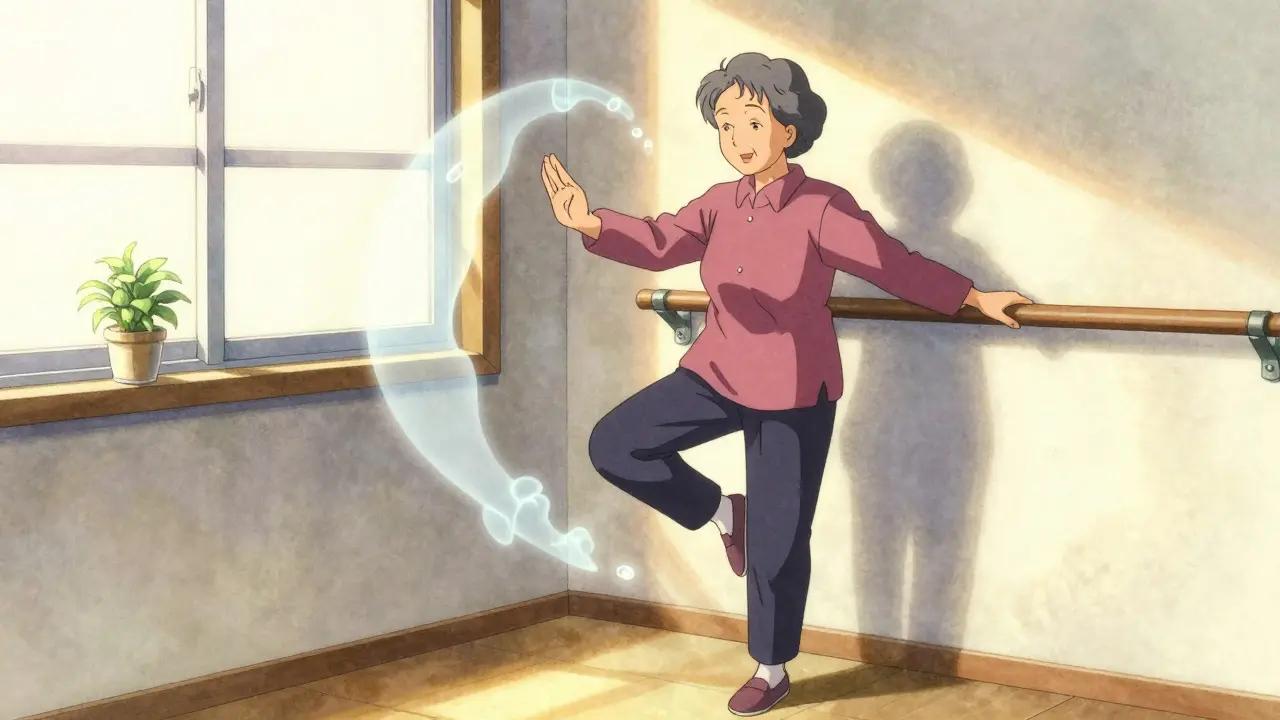 Older woman doing balance exercise at home as sedating pills dissolve into light, retro anime style.