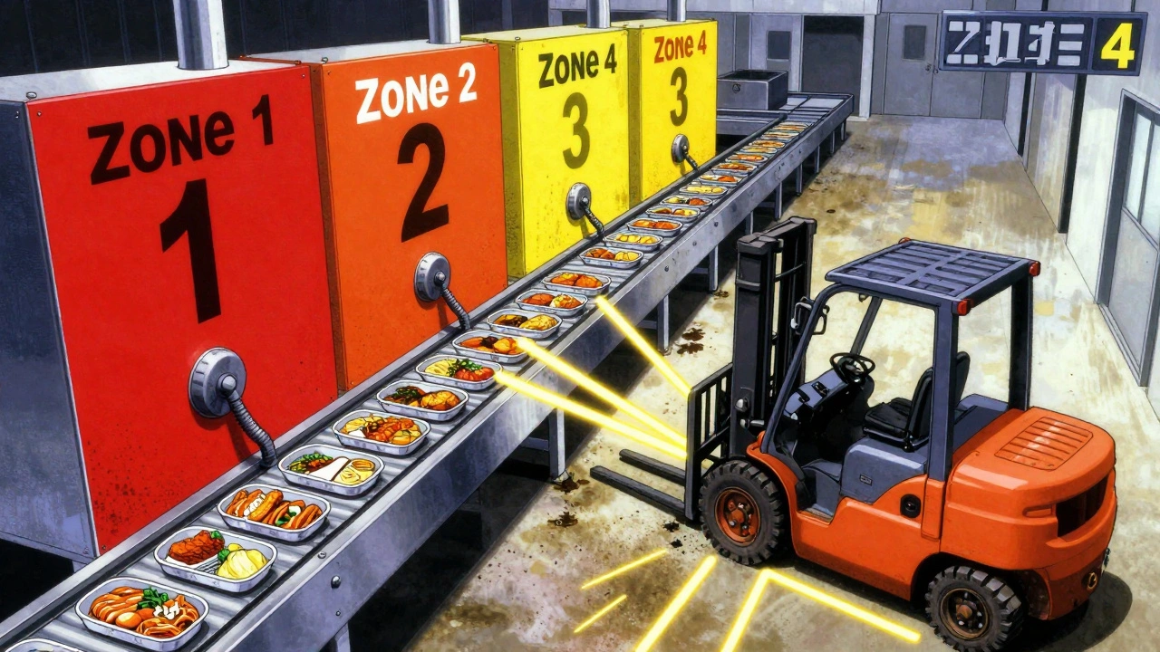 Overhead view of a food plant&#039;s four contamination zones, with a dirty forklift tire spreading danger toward product lines.