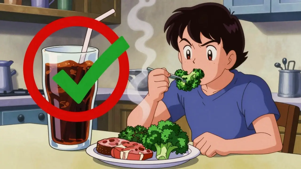 Patient choosing healthy foods over high-phosphate soda and processed meat in a kitchen scene.