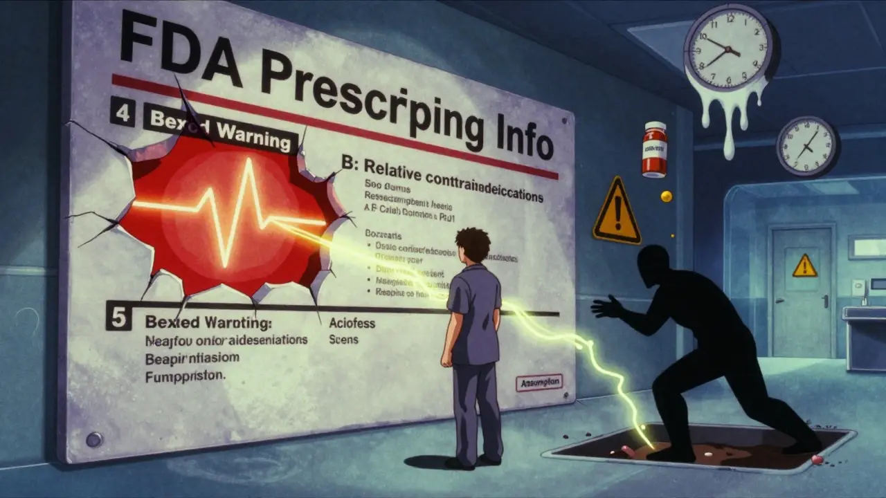 Patient facing a crumbling drug label wall with glowing safety sections in retro anime style.