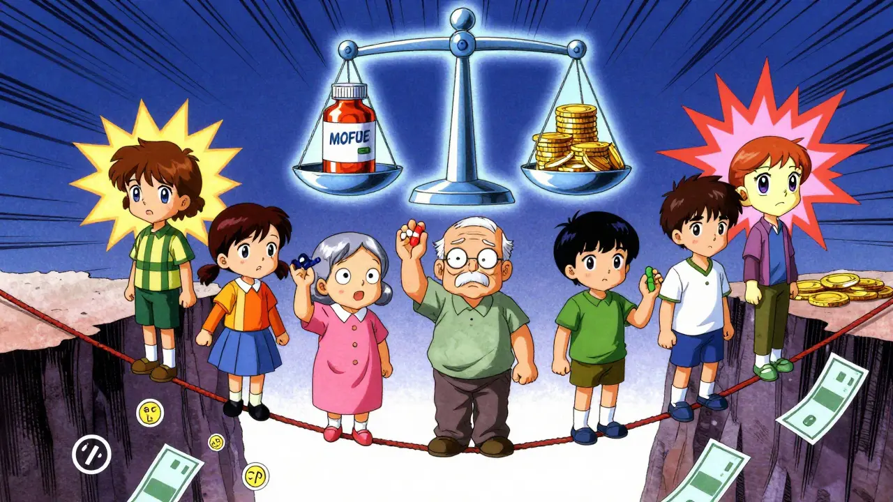 Patients on a tightrope over falling seizure icons, balancing brand-name medication against coins in a retro anime style.