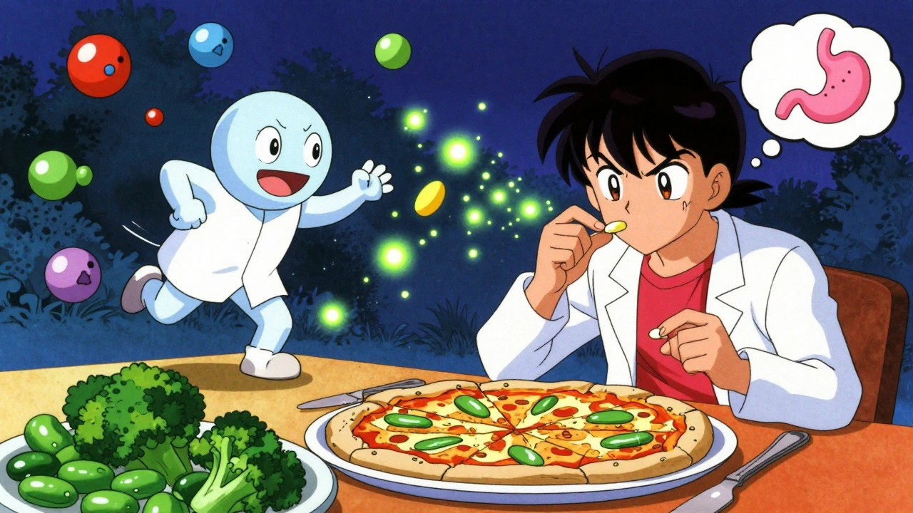 Person taking Beano before a BBQ meal, enzymes zapping food molecules in mid-air