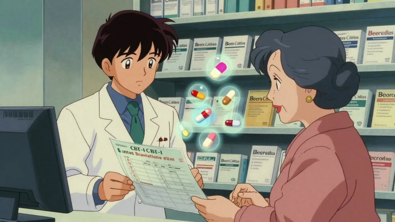 Pharmacist and older woman reviewing medication chart with fading dangerous drugs, retro anime style.