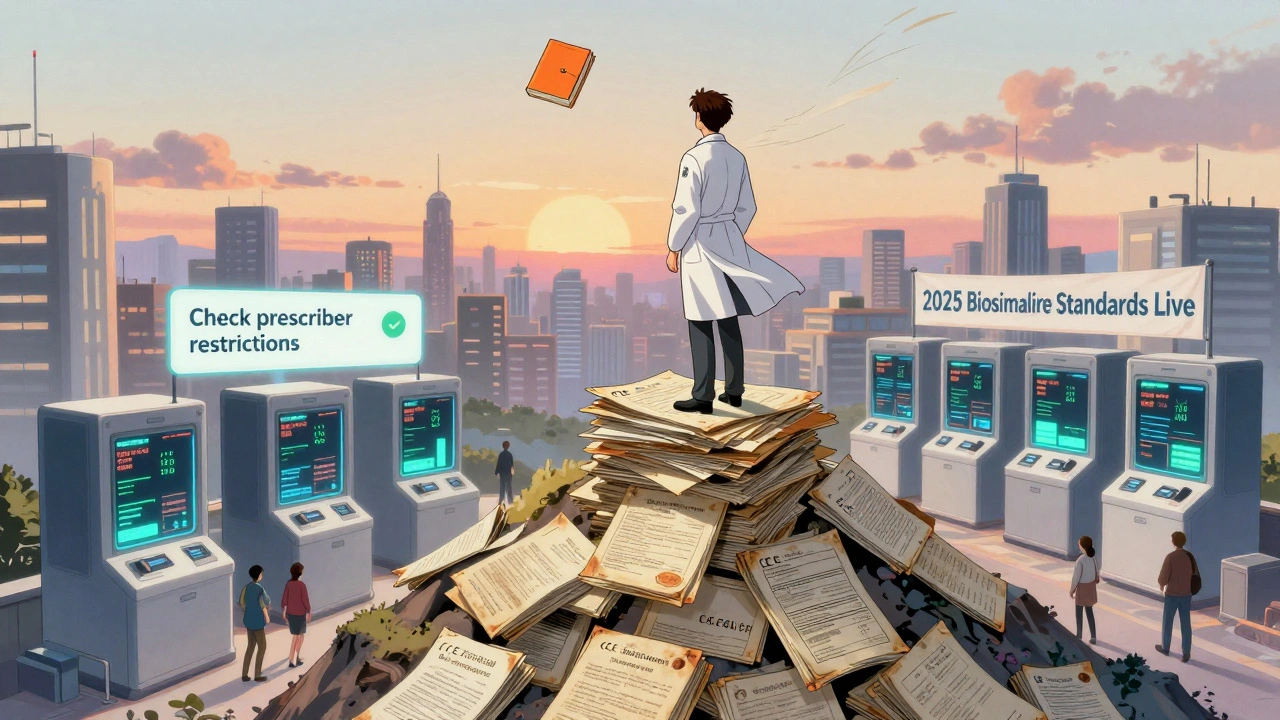 Pharmacist atop pile of certificates overlooking AI dispensing kiosks with safety alerts in retro anime style