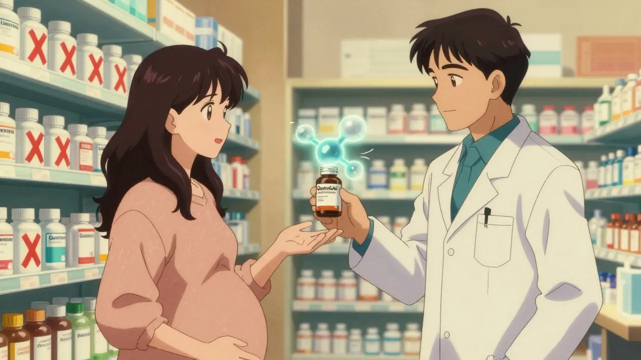 Pharmacist giving L-methylfolate supplement to pregnant woman in a softly lit pharmacy with glowing folate molecule.