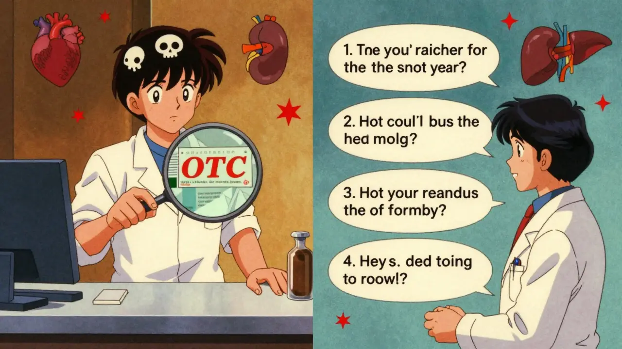 Pharmacist showing patient the difference between ignoring and asking about drug warnings.