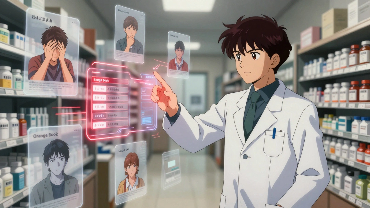 Pharmacist surrounded by patient error vignettes and glowing AI interface displaying drug ratings