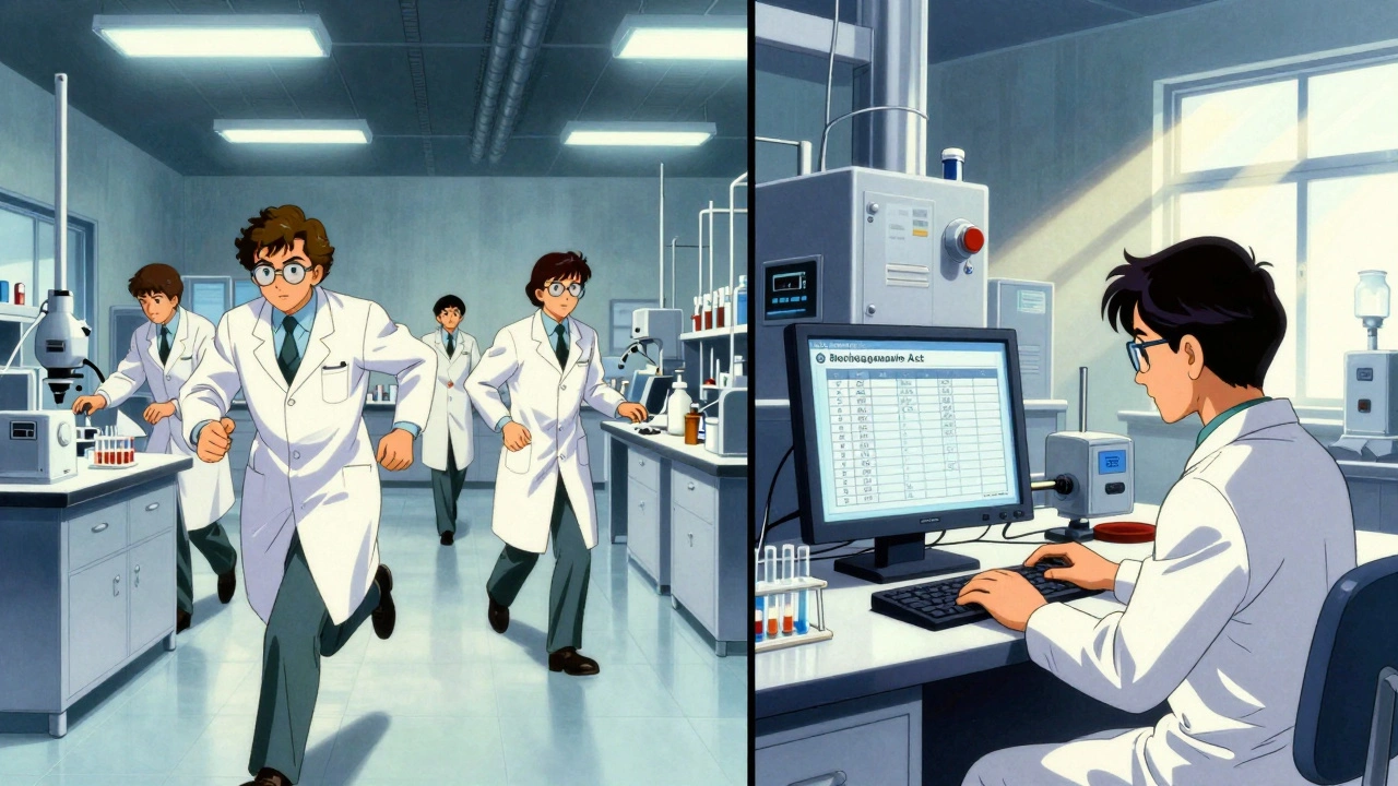 Retro anime split scene: 1970s clinical trials vs modern generic drug factory.