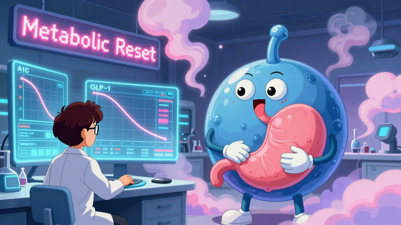Scientists monitor holograms of weight loss data as a friendly GLP-1 molecule hugs a stomach in a retro-futuristic anime lab.