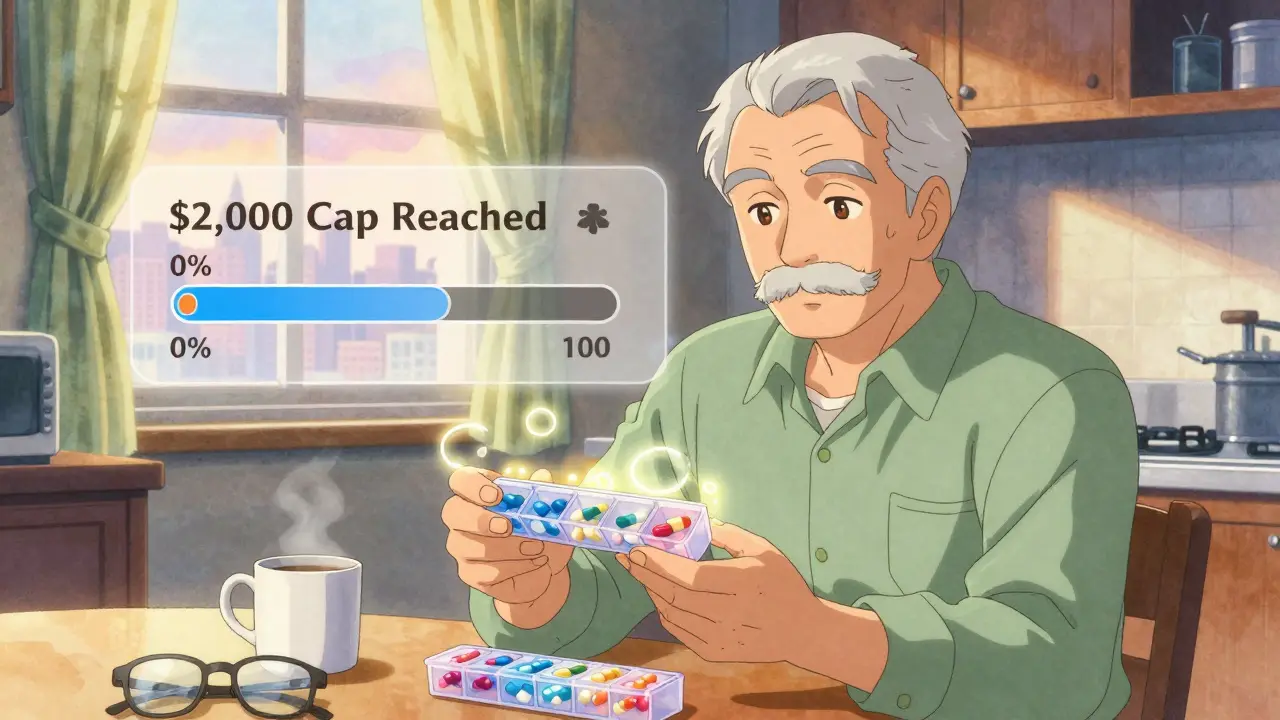 Senior man with pill organizer and progress bar showing ,000 out-of-pocket cap reached.