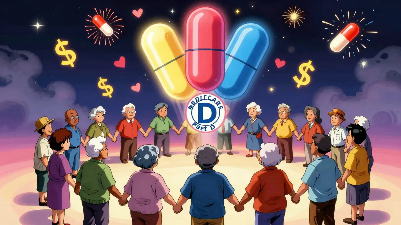 Seniors holding hands under a glowing Medicare Part D logo made of pills in retro anime style.