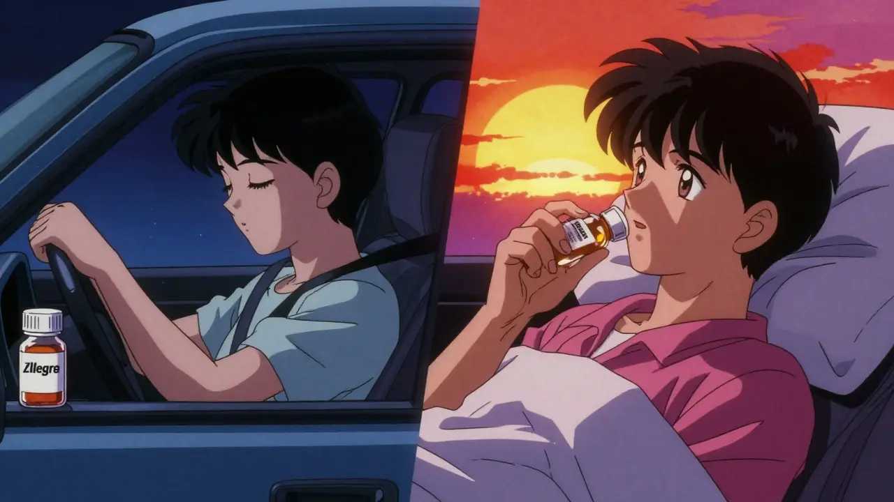 Split scene: driver drowsy with Zyrtec vs. alert same person with Allegra at sunrise.