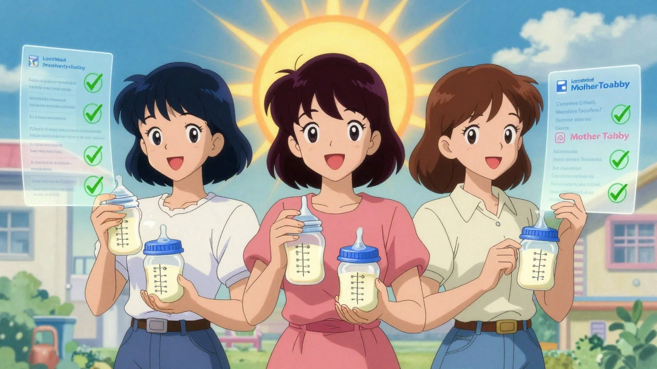 Three mothers storing milk with LactMed data panels floating around them, sunrise in the background.