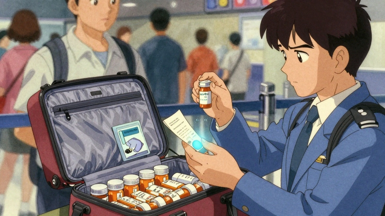 Traveler in airport security with labeled prescription bottles and doctor’s letter visible in open carry-on bag.