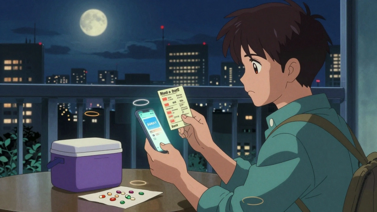 Traveler on hotel balcony at night holding medication card, phone showing IAMAT app, moonlight illuminating insulin cooler.