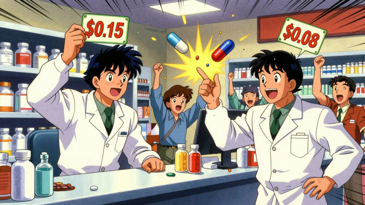 Two generic drug companies competing fiercely on a pharmacy counter, prices dropping dramatically.