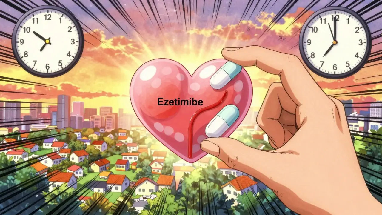 Two pills forming a heart as arteries clear, with a 40-month clock, retro anime style.