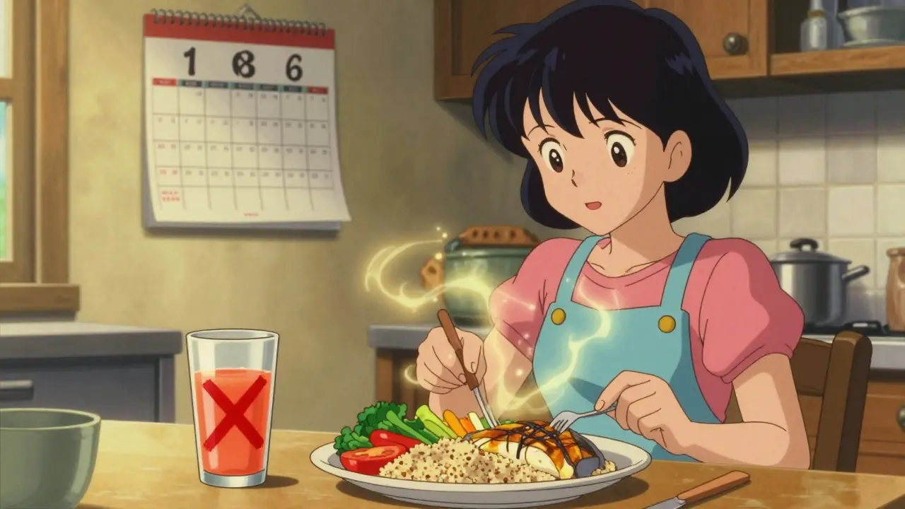 Woman cooking healthy DASH diet meal, grapefruit juice marked with X, retro anime style