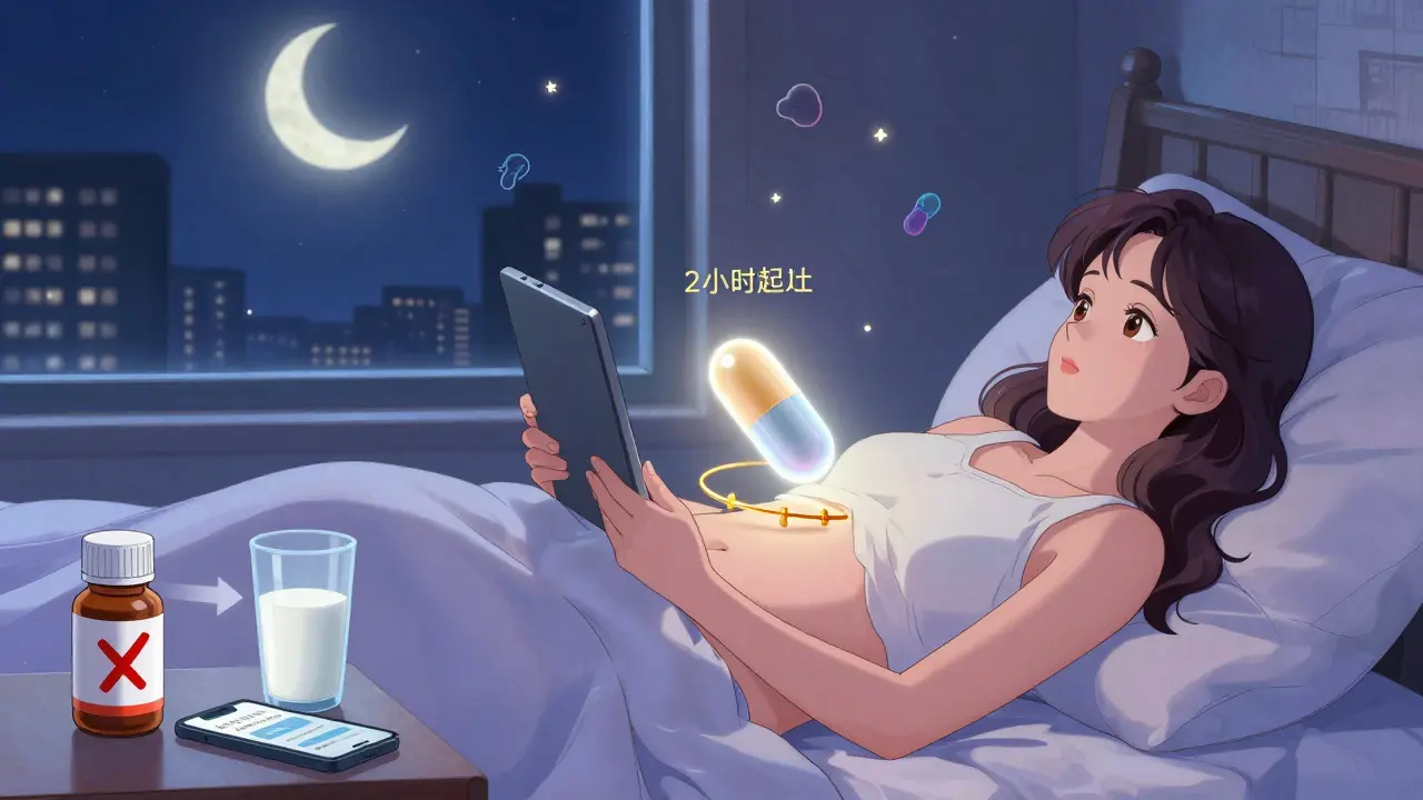 Woman taking iron at night with folic acid capsule floating above her stomach, separated by a time marker in retro anime style.