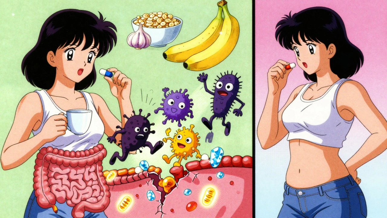 Woman taking probiotic as microbial warriors repair gut and shrink waistline