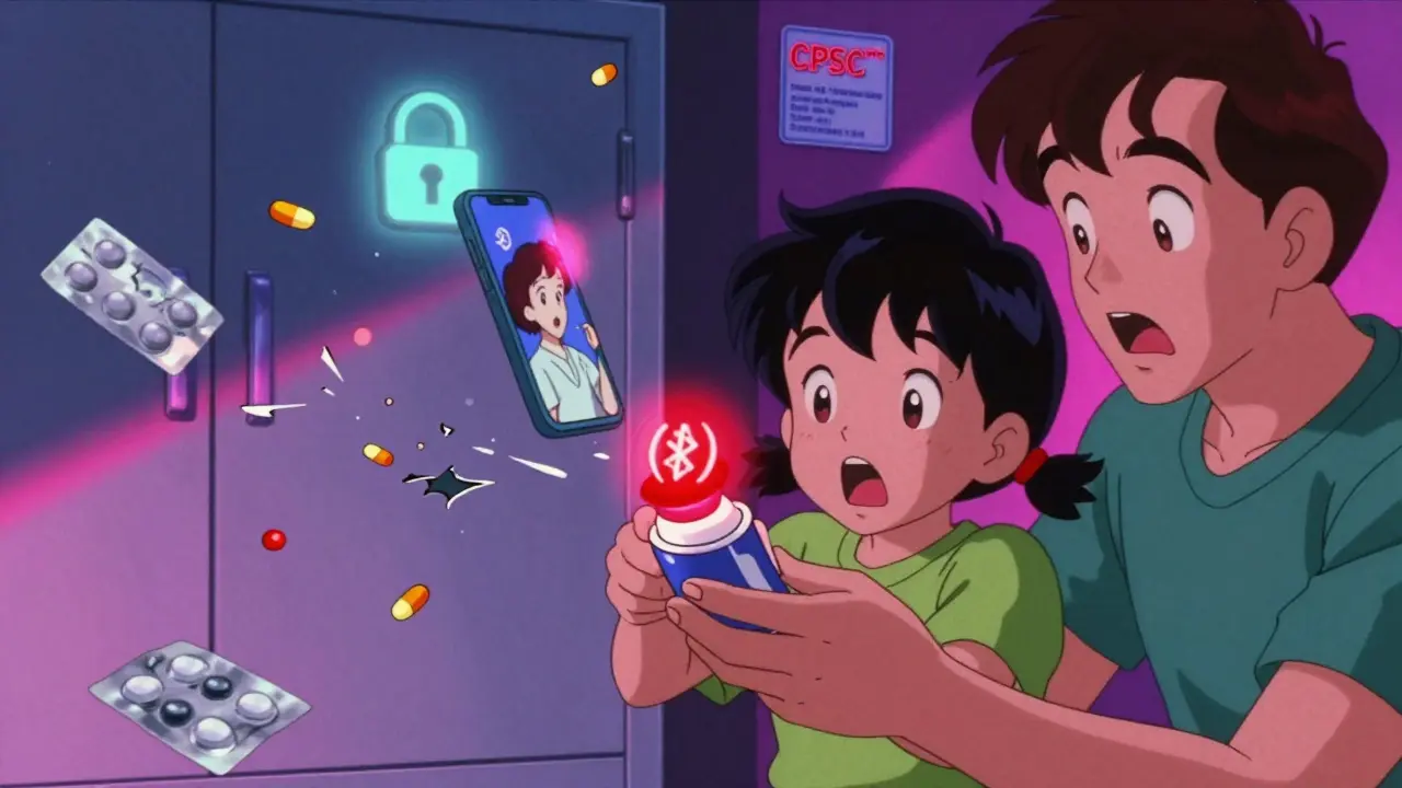 A child tries to open a glowing smart cap as a notification flashes on a floating phone.