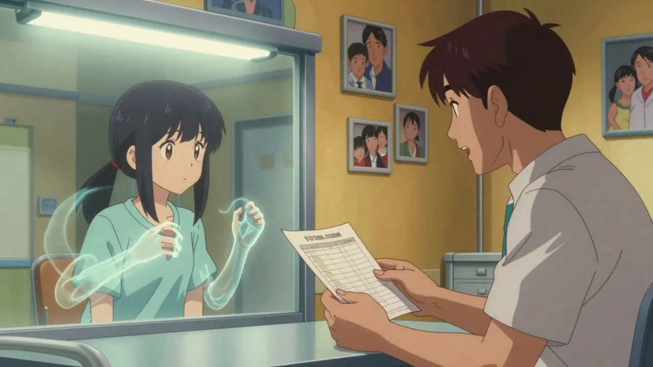 A family reacts to a Huntington's genetic test result, chorea motion lines visible, retro anime style.