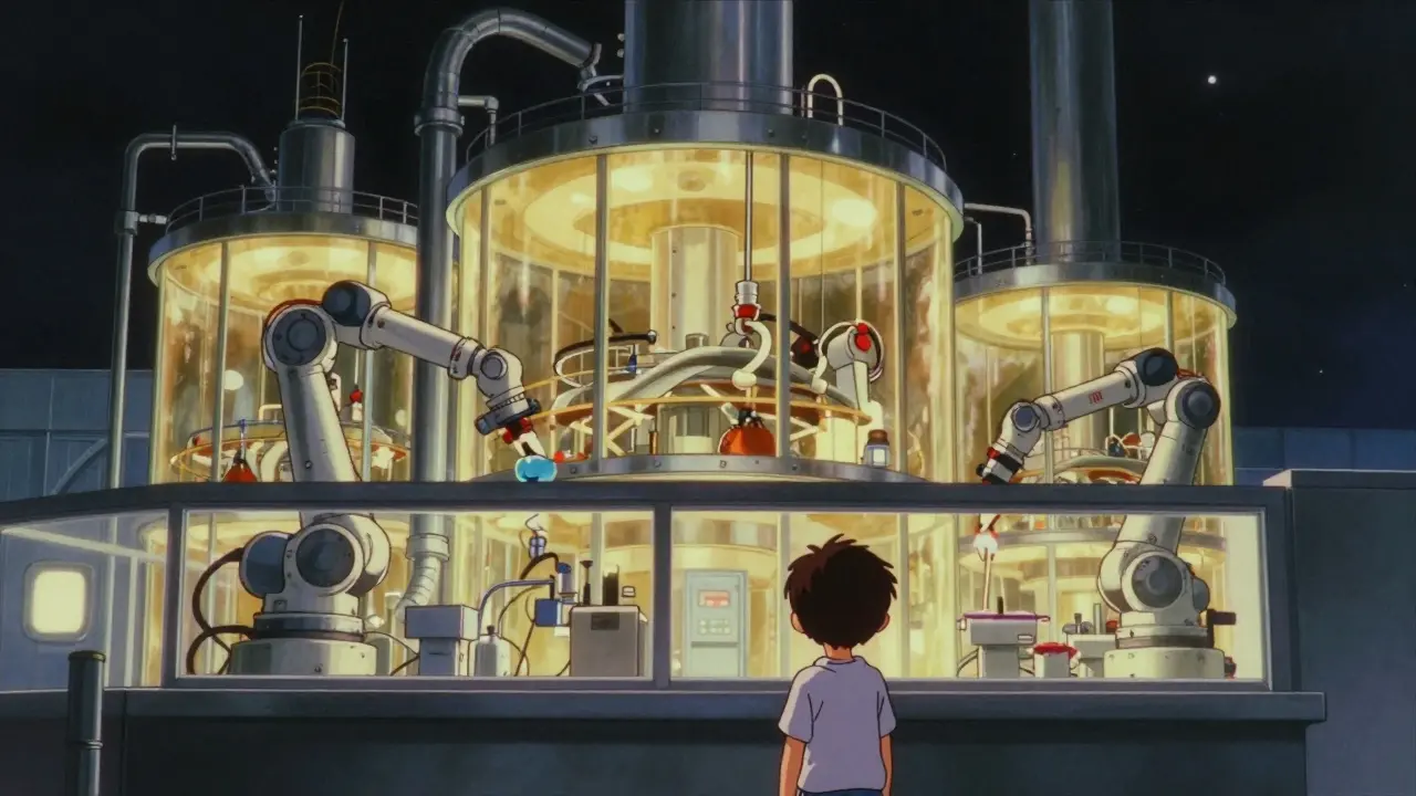 A futuristic sterile facility glows at night, robots filling vials while a child watches through a window.