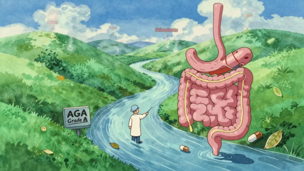 A healthy colon as a peaceful river landscape with PEG flowing gently through it.