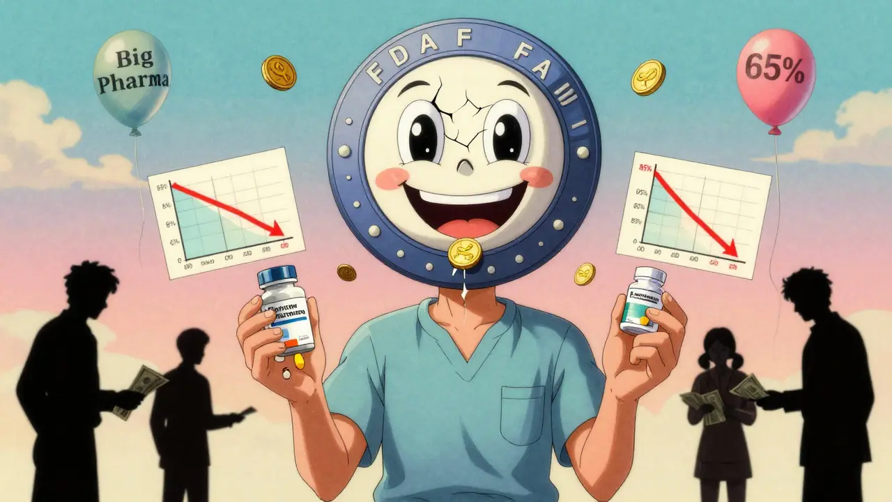 A patient holding two identical pills as a cracked FDA seal leaks coins, with stalled price drop graphs in a retro anime sky.