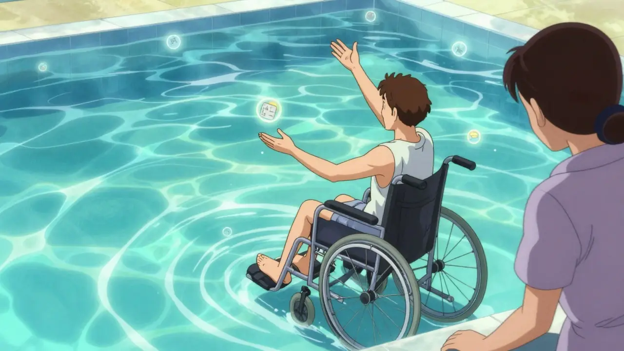 A patient in a sunlit pool with water dancing around them, symbolizing aquatic therapy, retro anime style.