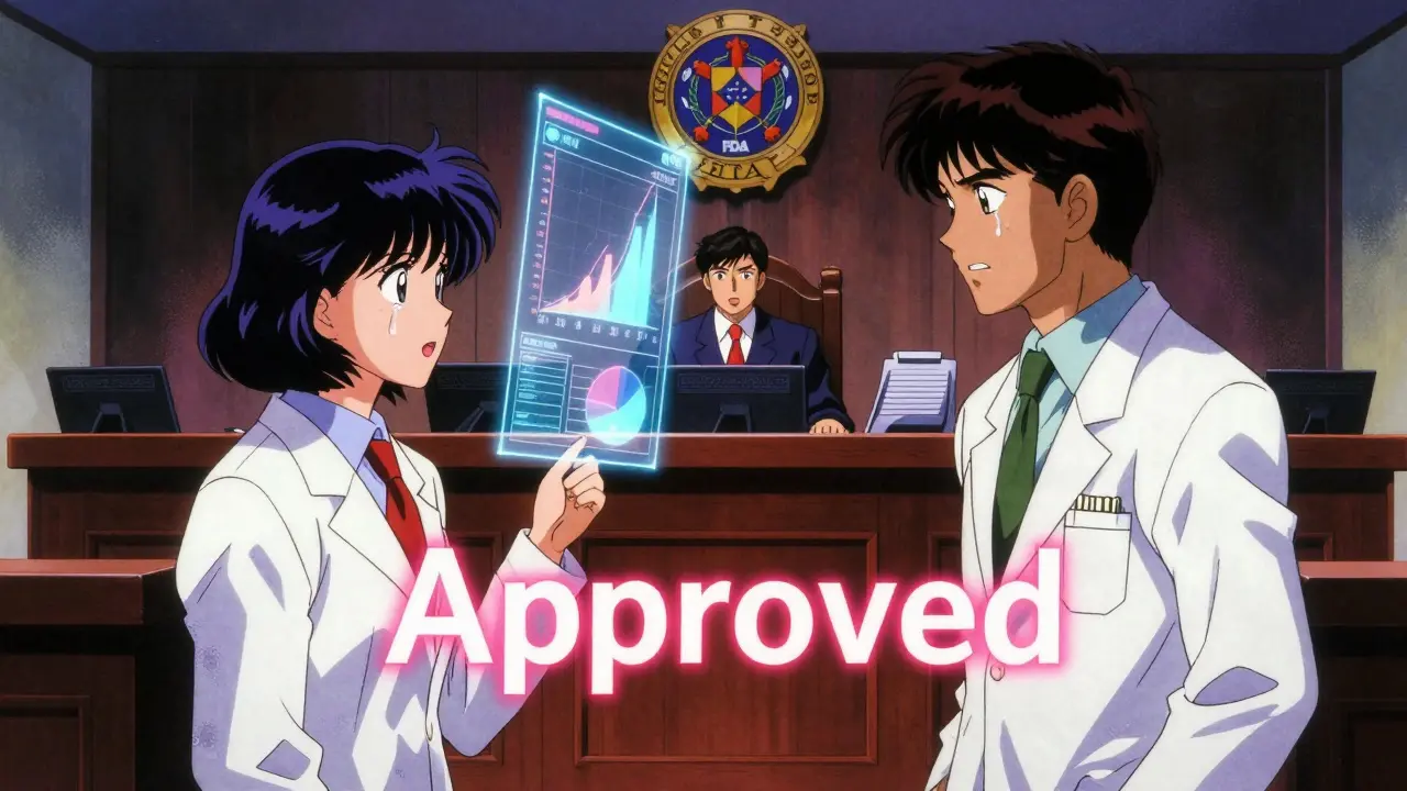 A scientist faces off against a corporate lawyer in a neon courtroom with floating drug data graphs in retro anime style.