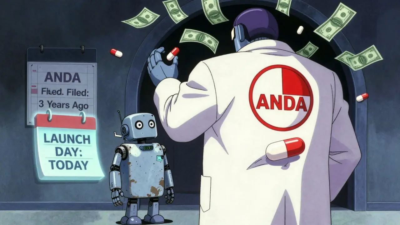 A small generic manufacturer robot defeated by a corporate giant unveiling an identical pill on launch day.