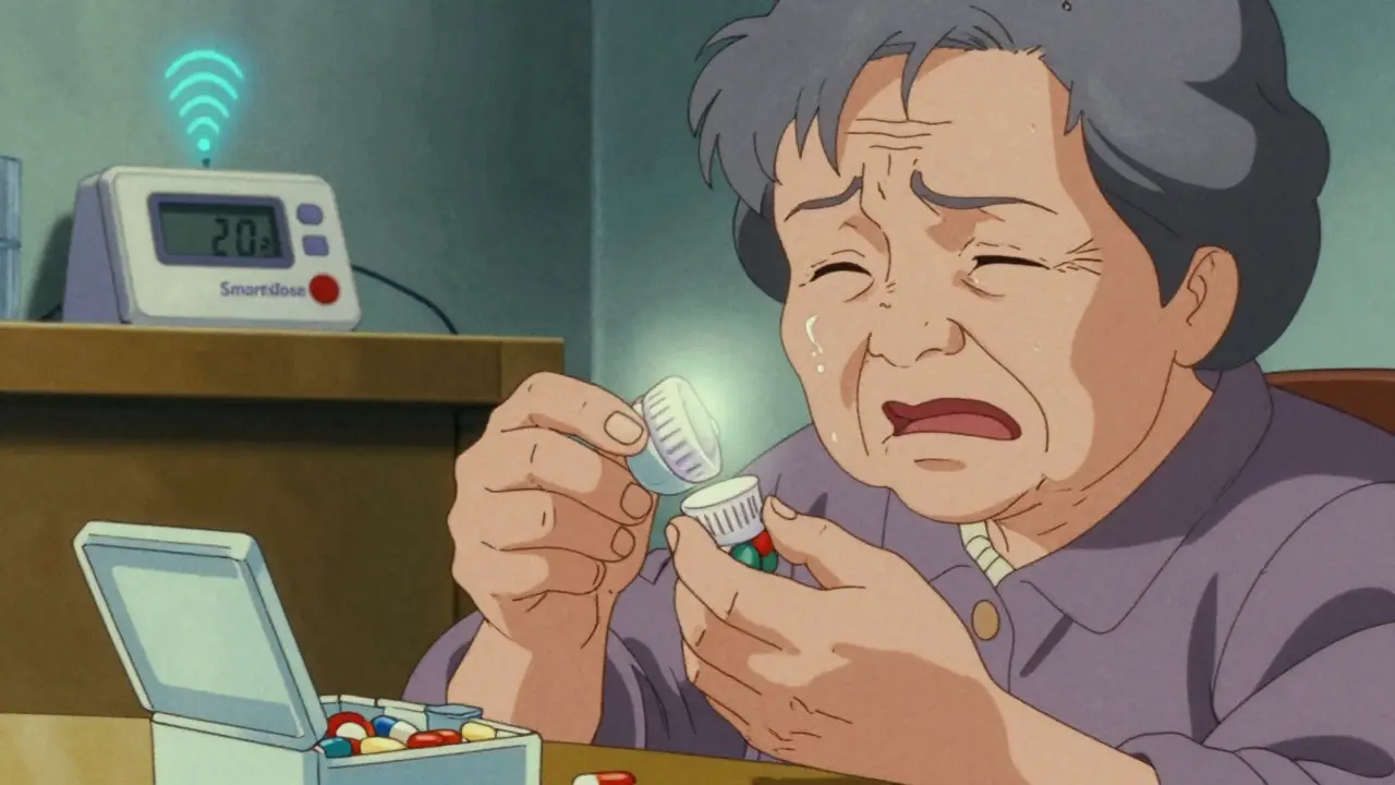 An elderly woman struggles to open a child-resistant cap with trembling hands beside a pill organizer.