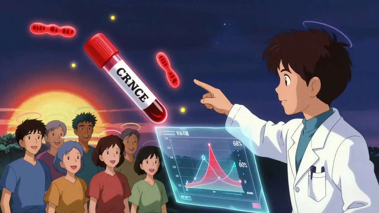 Blood sample with fading cancer DNA fragments and a holographic survival chart under a sunrise.