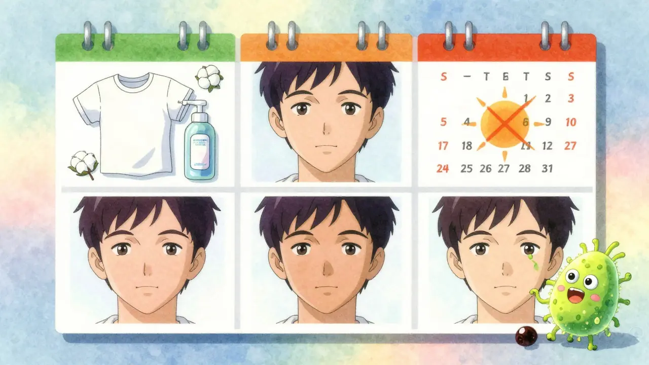 Calendar showing skin recovery over seasons with preventive symbols in retro anime style