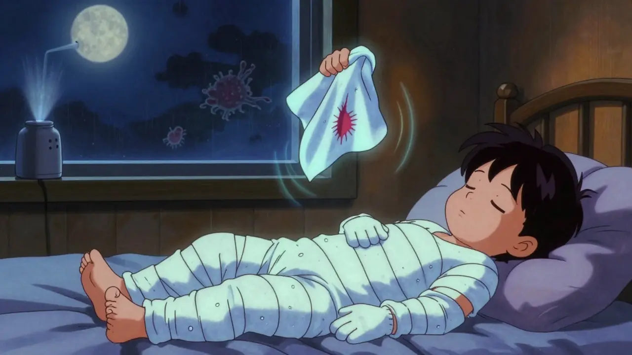 Child sleeping in cotton gloves with glowing wet wrap and cooling washcloth suppressing itch