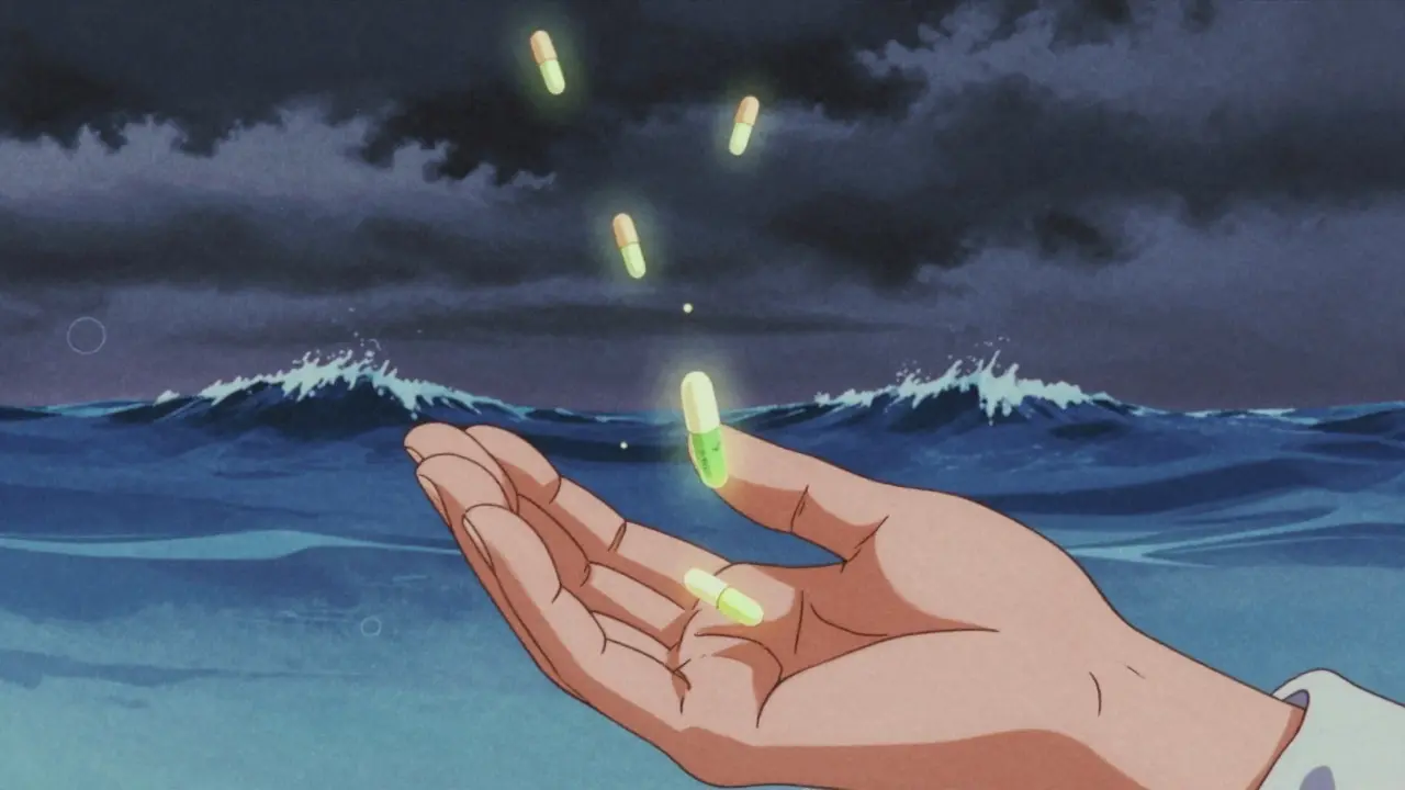 Close-up of floating drug dose increments as fireflies calming a stormy immune system in retro anime style.