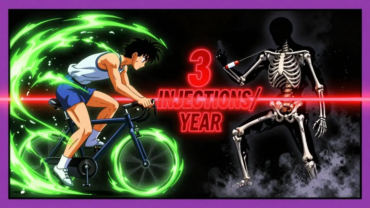 Contrast scene: active person cycling vs. shadowy figure with deteriorating skeleton, labeled '3 injections/year'.