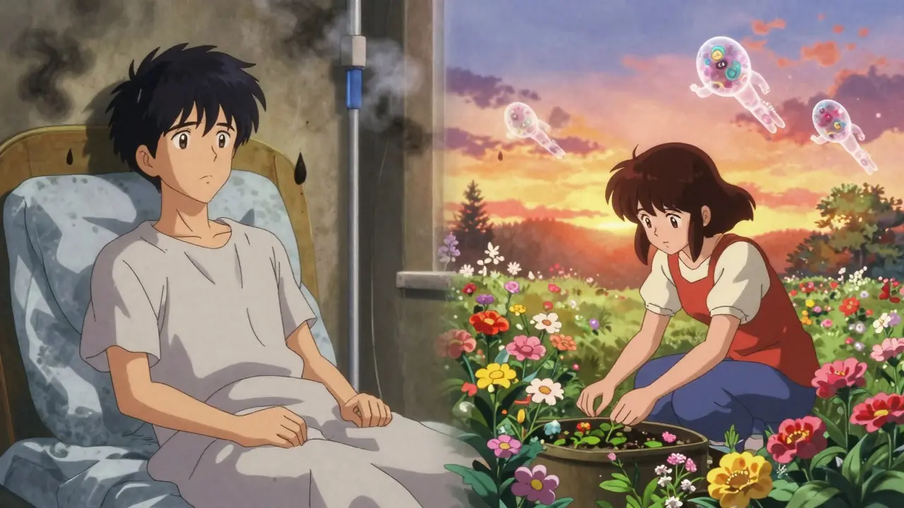 Contrasting images of chemotherapy suffering versus a thriving patient after CAR T-cell therapy.