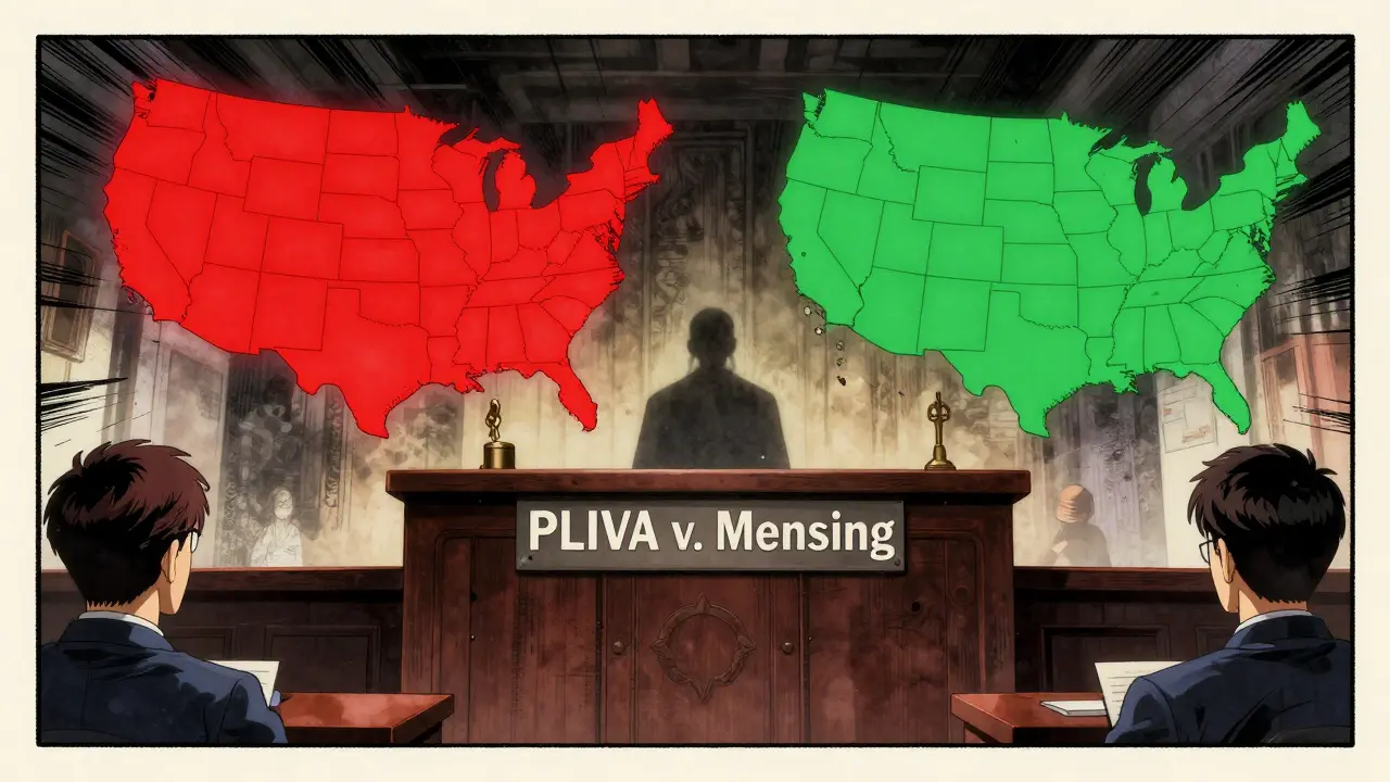 Courtroom scene with pharmacist surrounded by U.S. state liability maps in dramatic retro anime style.