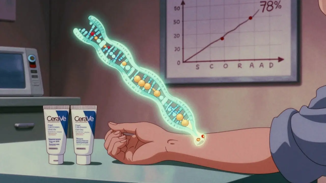Dermatologist office with molecular diagram of ceramides rebuilding skin barrier in retro anime style