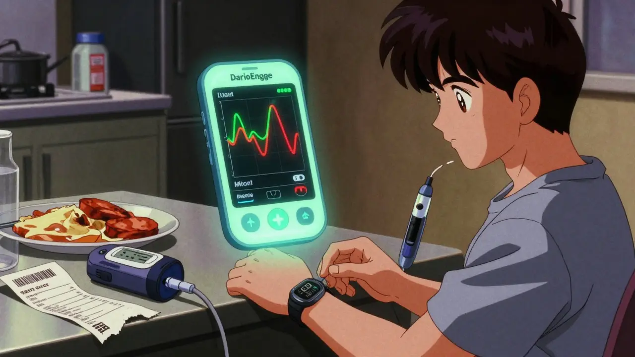 Diabetic patient syncing app data with insulin pump in 90s anime aesthetic