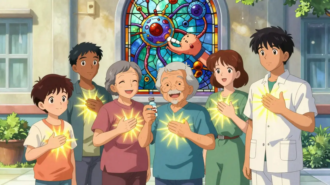 Diverse patients smiling in hospital courtyard holding medication vials, symbolizing restored hope through desensitization.