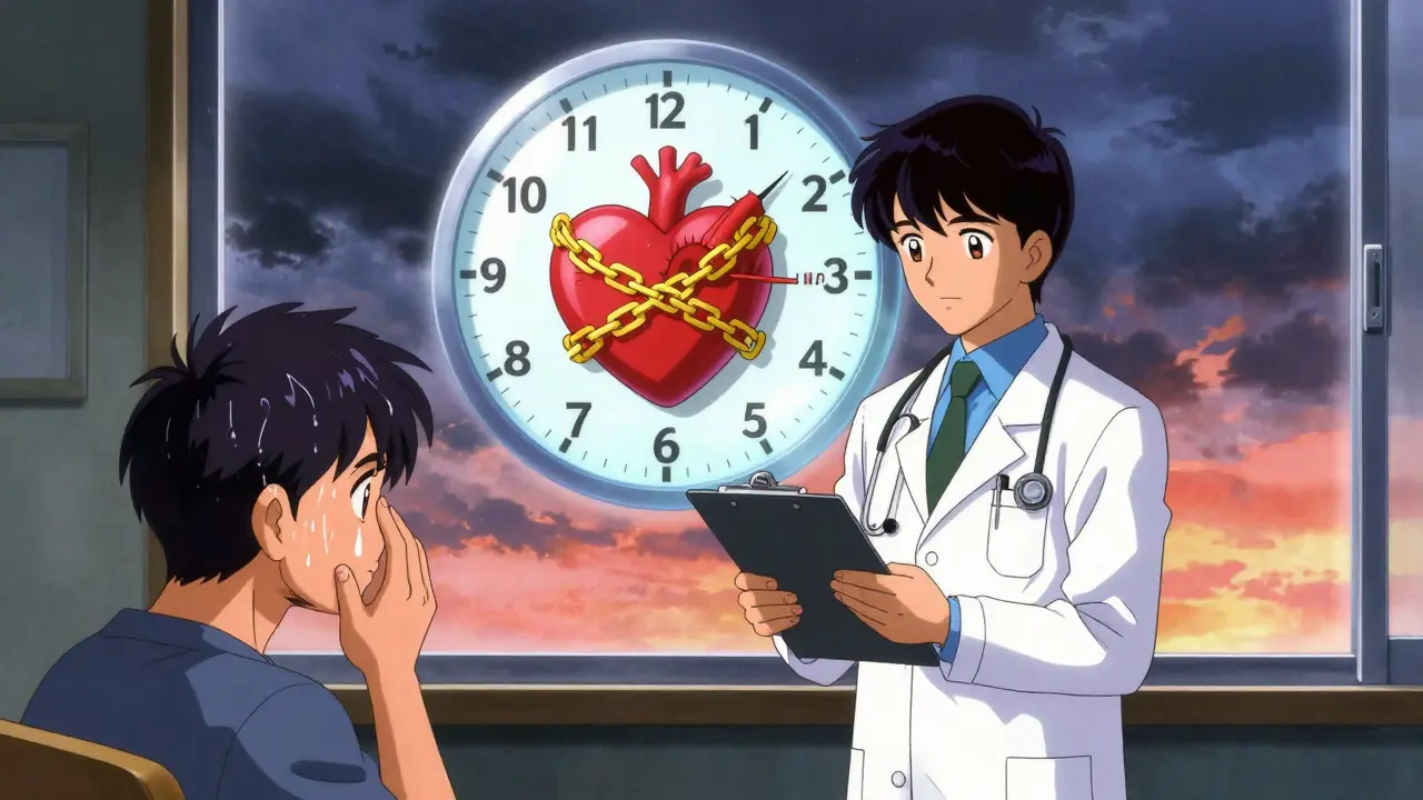 Doctor beside patient with trembling hands, golden chains slowing a glowing heart in retro anime.