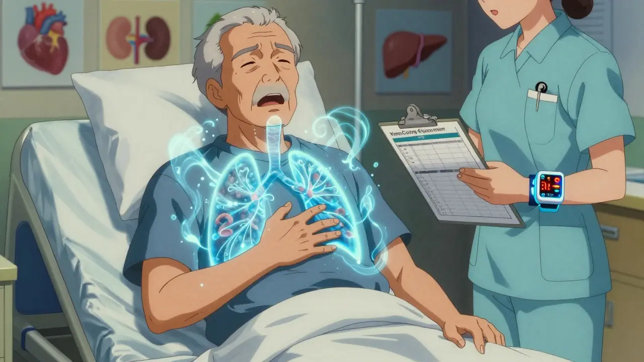 Elderly man struggling to breathe with glowing fluid around lungs and wearable edema monitor