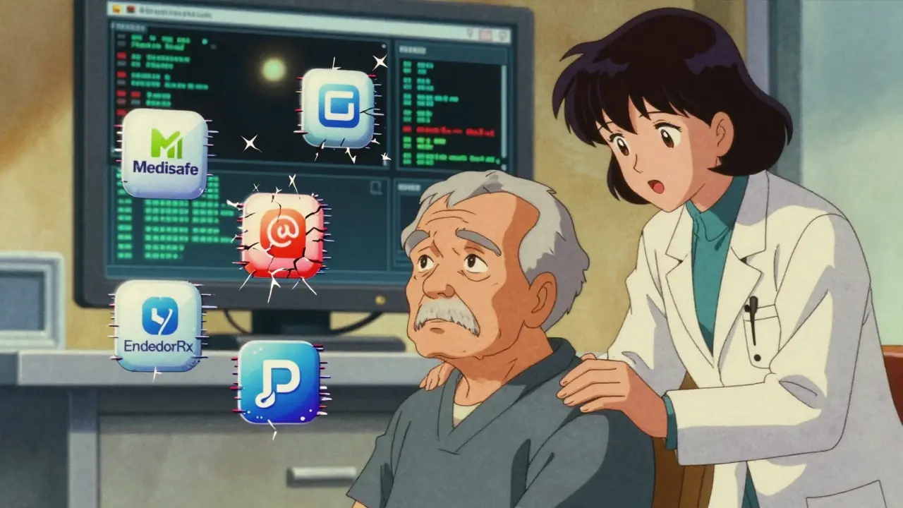 Elderly patient surrounded by glitching health apps as navigator offers support