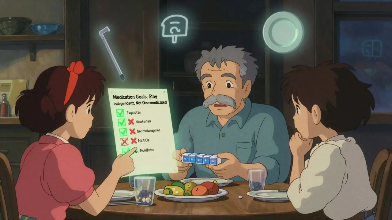 Family at dinner table with pill organizer and checklist showing safe vs. risky meds.