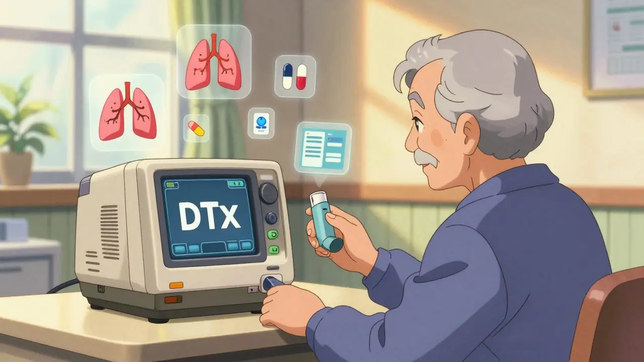 Health navigator helping an elderly patient connect a smart inhaler to a digital therapy system.