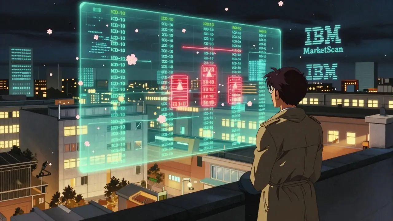 Holographic claims data covering a hospital, with floating medical codes and an analyst watching alerts.